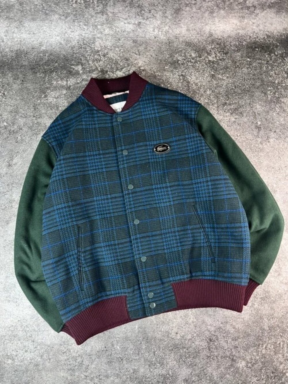 Men’s Lacoste Varsity Teddy Jacket Blue Plaid & Dark Green Size M
